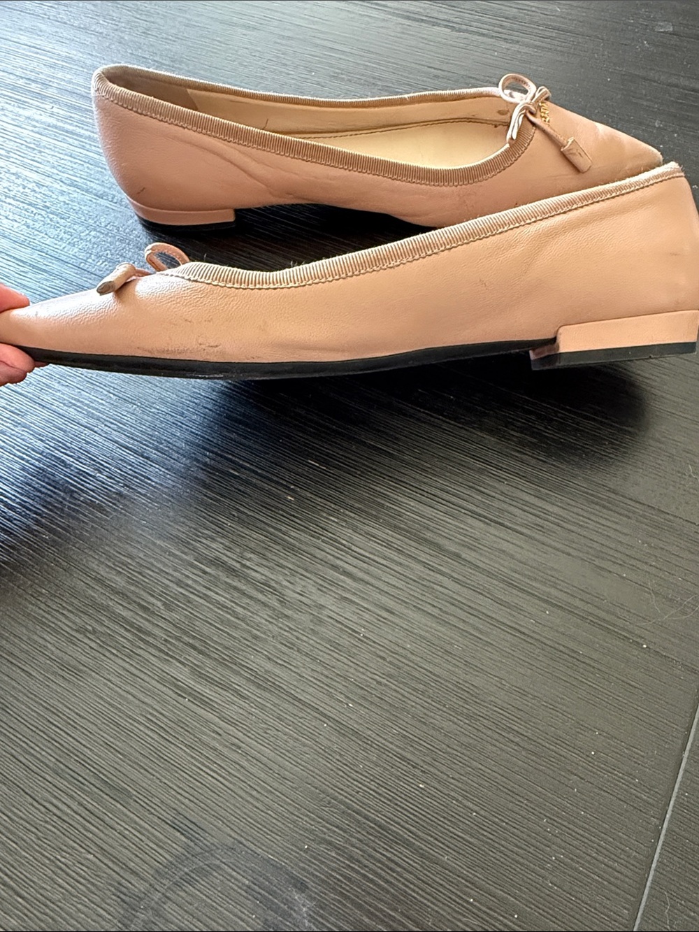 Prada Nude Pink Pointed-Toe Leather Ballet Flats with Bow Accent - Picture 6 of 11